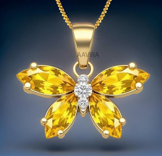Three Stone Diamond Necklace, Yellow Citrine Butterfly Necklace, Unique Necklace Gift, Marquise Citrine Necklace, Dainty Butterfly Pendant