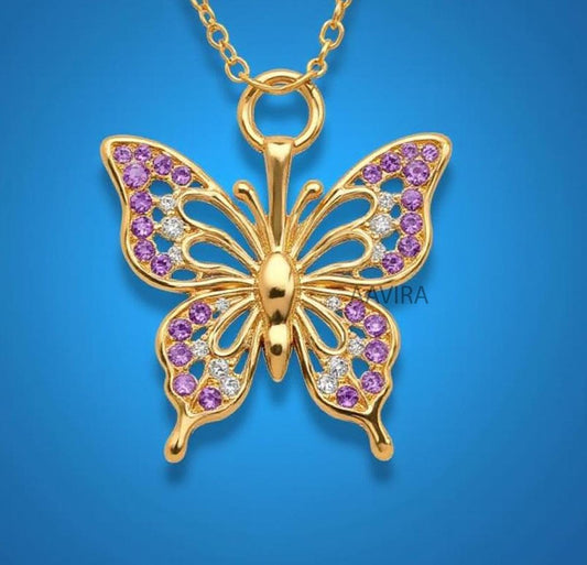 Butterfly Pendant, Round Cut Necklace, Amethyst Charm Pendant, Purple Stone Pendant, Birthday Gift, Unique Butterfly Diamond Necklace, Gifts