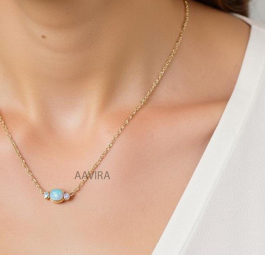 Round Dainty Opal Pendant, Opal Necklace, Three Stone Opal Pendant, Unique Anniversary Gift, Bridesmaid Necklace, Silver Pendant Necklace