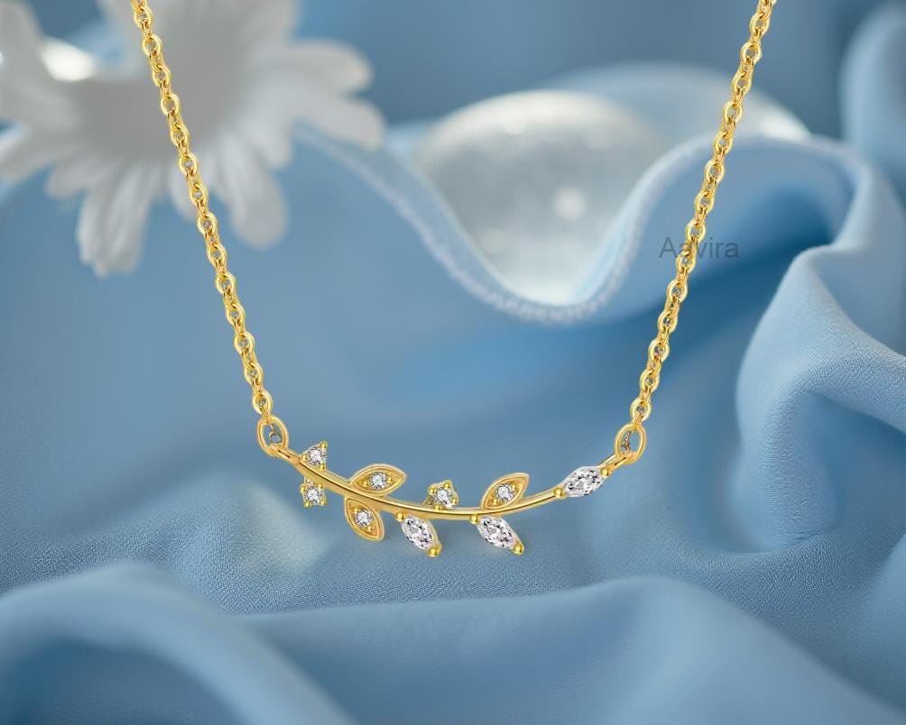 Olive Leaf Vine Pendant Necklace, Diamond Leaf Diamond Branch With Cable Chain, Diamond Pendant Necklace, Anniversary Gift, Gift for Her