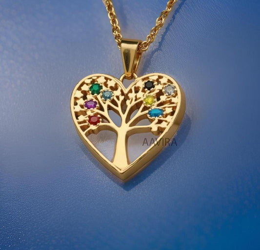Multi Stone Gemstone Tree Pendant, Birthstone Tree Necklace, Personalized Heart Tree Necklace, Tree of Life pendant, Family Tree Jewelry