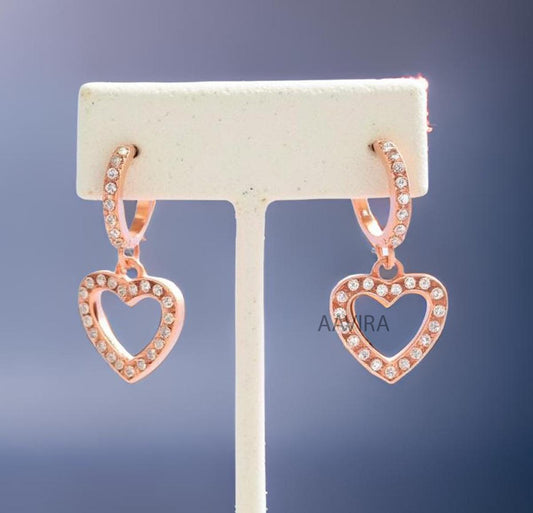 Heart Earrings, Pave Set Diamond Earrings, Clip On Earrings, Round Diamond Drop Dangle Earring, 14K Rose Gold Women's Dangle Earrings Gifts