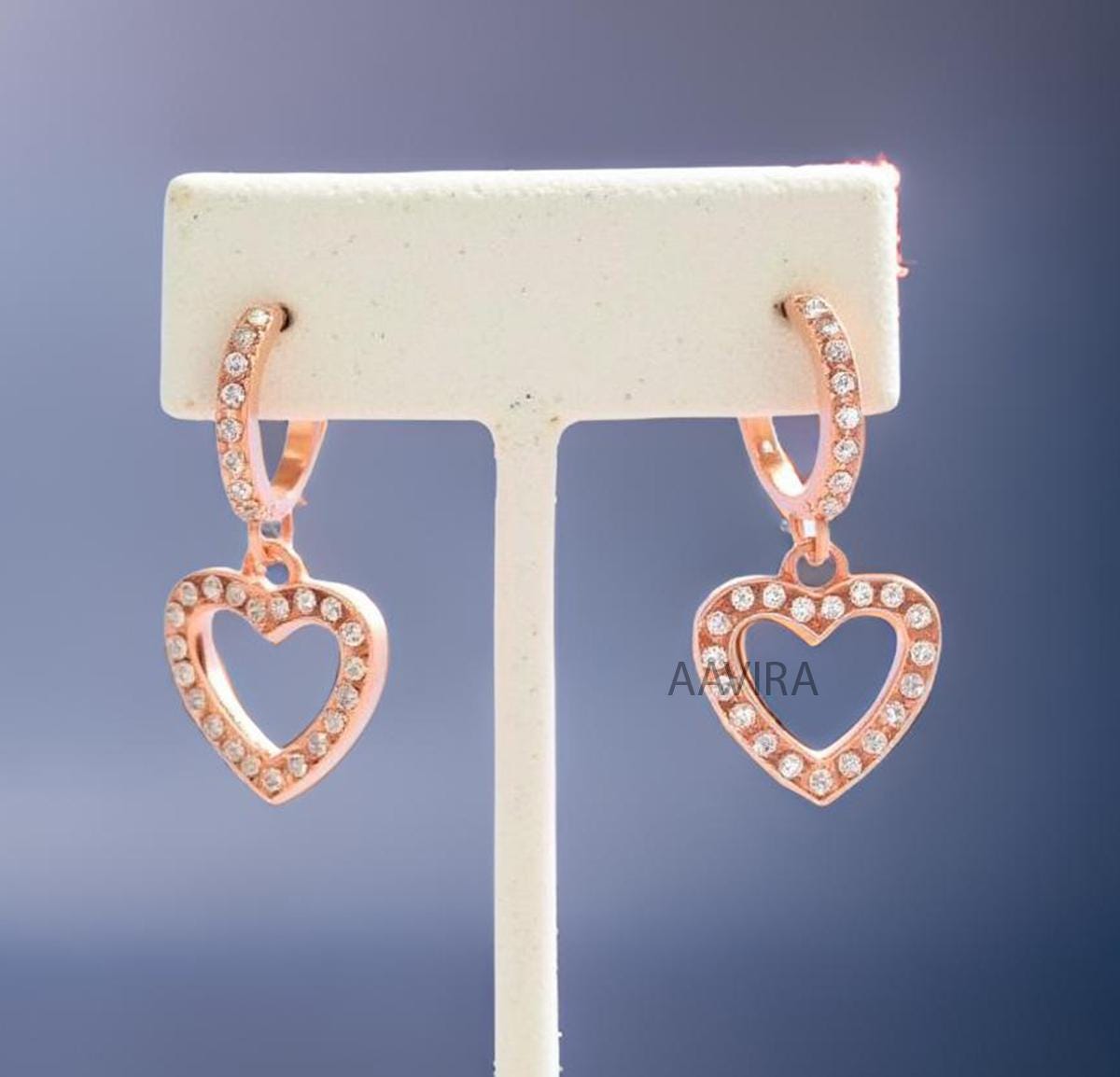 Heart Earrings, Pave Set Diamond Earrings, Clip On Earrings, Round Diamond Drop Dangle Earring, 14K Rose Gold Women's Dangle Earrings Gifts
