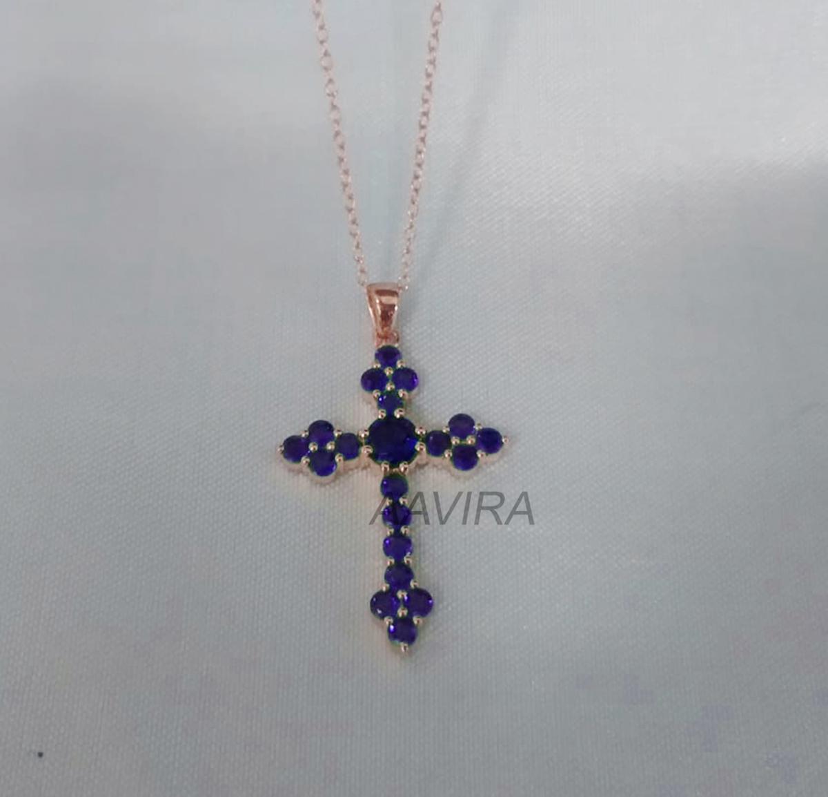 Sapphire Cross Necklace Pendant, Religious Cross Pendant, Birthstone Pendant, 14K Rose Gold Plated, Blue Gemstone Pendant, Christian Cross