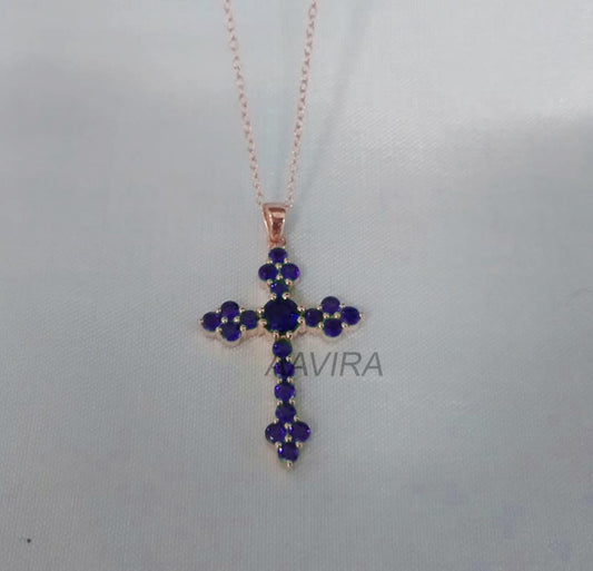 Sapphire Cross Necklace Pendant, Religious Cross Pendant, Birthstone Pendant, 14K Rose Gold Plated, Blue Gemstone Pendant, Christian Cross