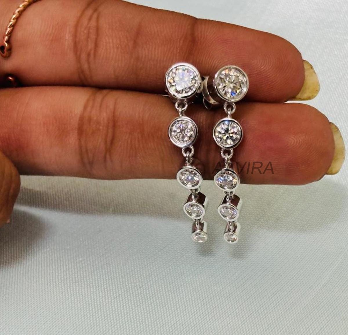 Women Round Cut Diamond Dangle Earrings, Bezel Set Dangle Earrings, 14K Yellow Gold Plated, Five Stone Earrings, Silver Long Dangle Earrings