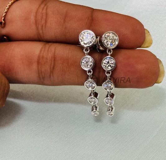 Women Round Cut Diamond Dangle Earrings, Bezel Set Dangle Earrings, 14K Yellow Gold Plated, Five Stone Earrings, Silver Long Dangle Earrings