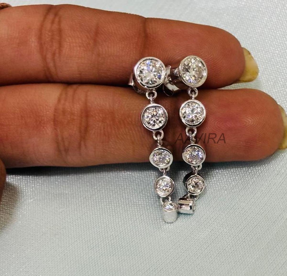 Women Round Cut Diamond Dangle Earrings, Bezel Set Dangle Earrings, 14K Yellow Gold Plated, Five Stone Earrings, Silver Long Dangle Earrings