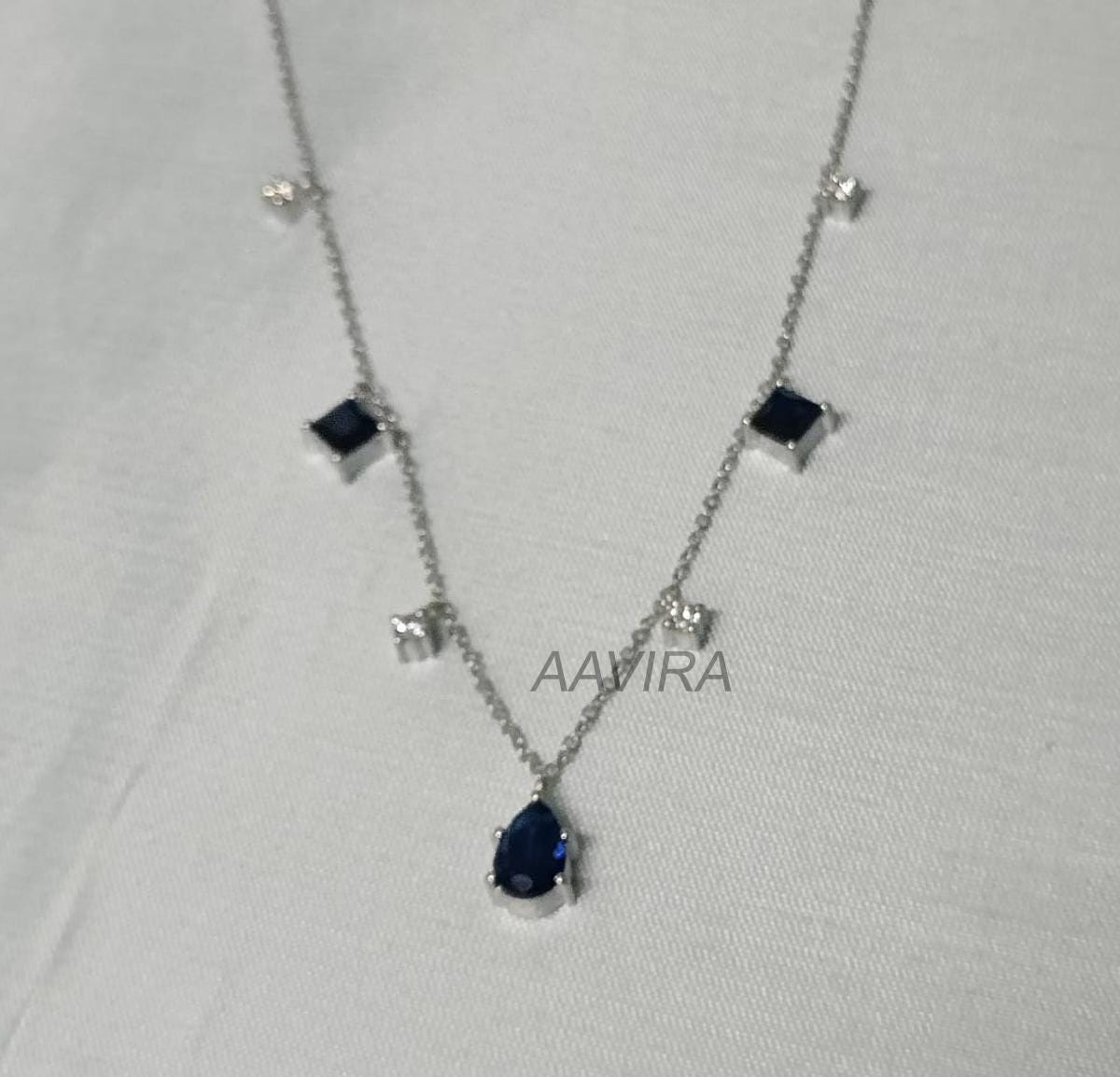 Blue Sapphire & Diamond Pendant Necklace, Station Pendant Necklace, Blue Birthstone Pendant, 925 Sterling Silver, Anniversary Gifts For Her