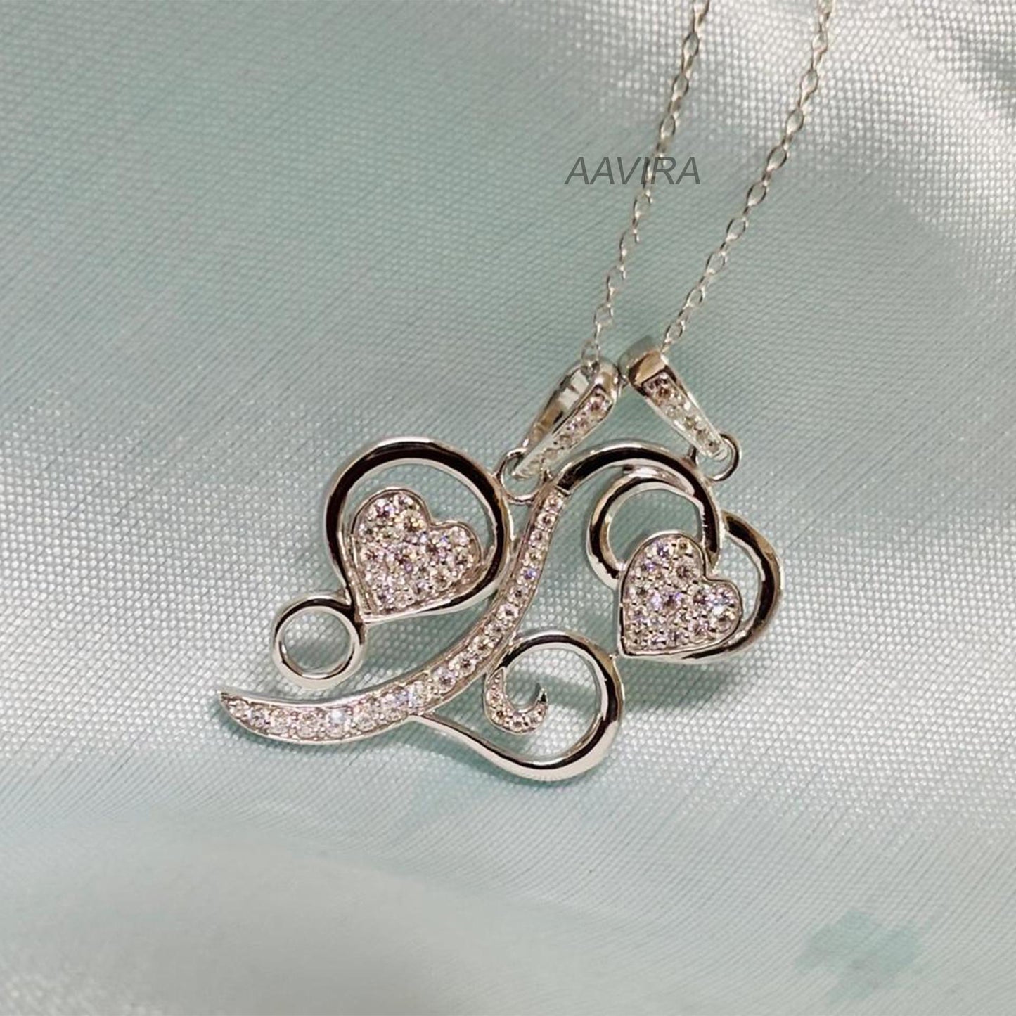 Triple Heart Diamond Pendant Necklace, Pave Set Diamond Pendant with chain, 925 Sterling Silver, Heart Pendant For Women, Everyday Pendant