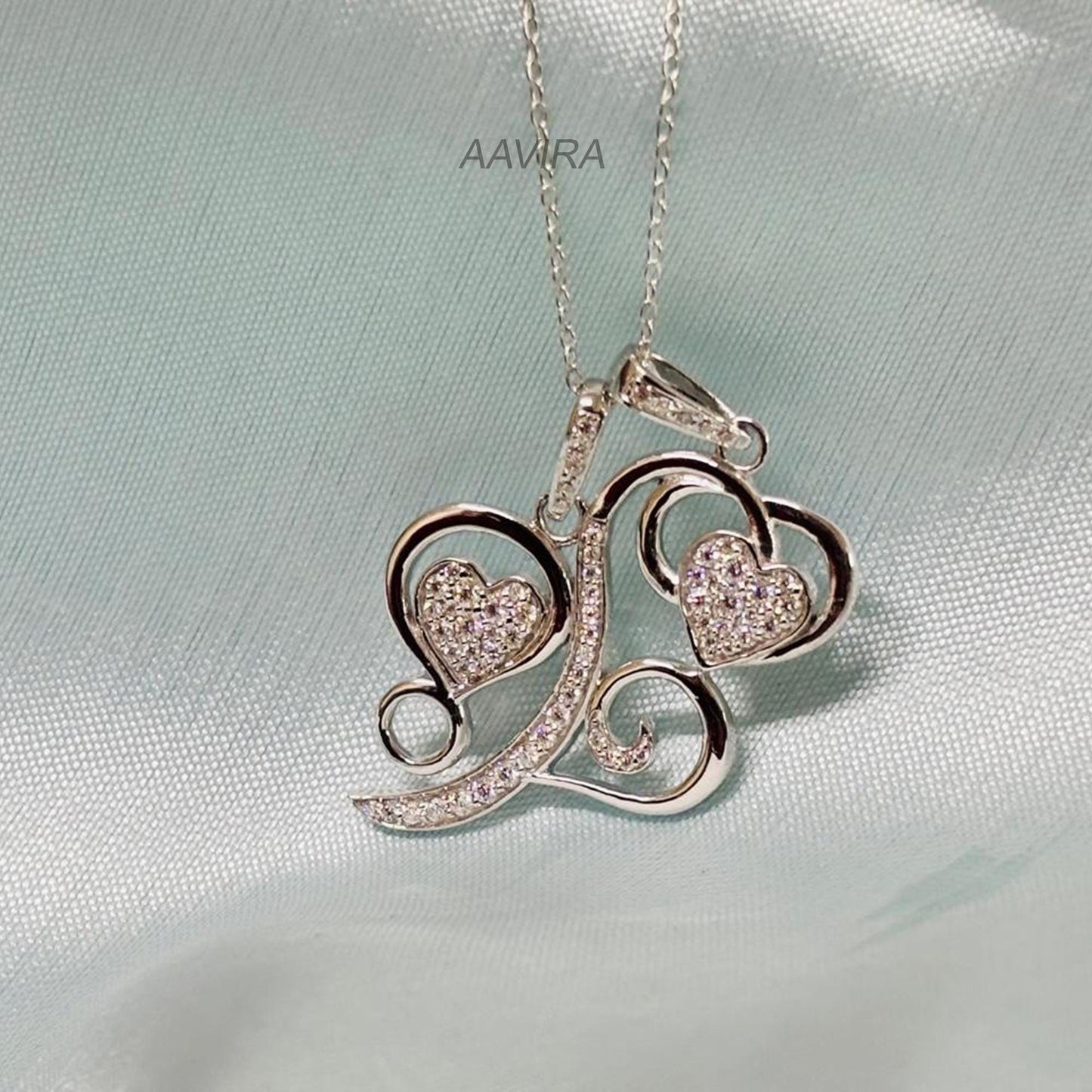 Triple Heart Diamond Pendant Necklace, Pave Set Diamond Pendant with chain, 925 Sterling Silver, Heart Pendant For Women, Everyday Pendant