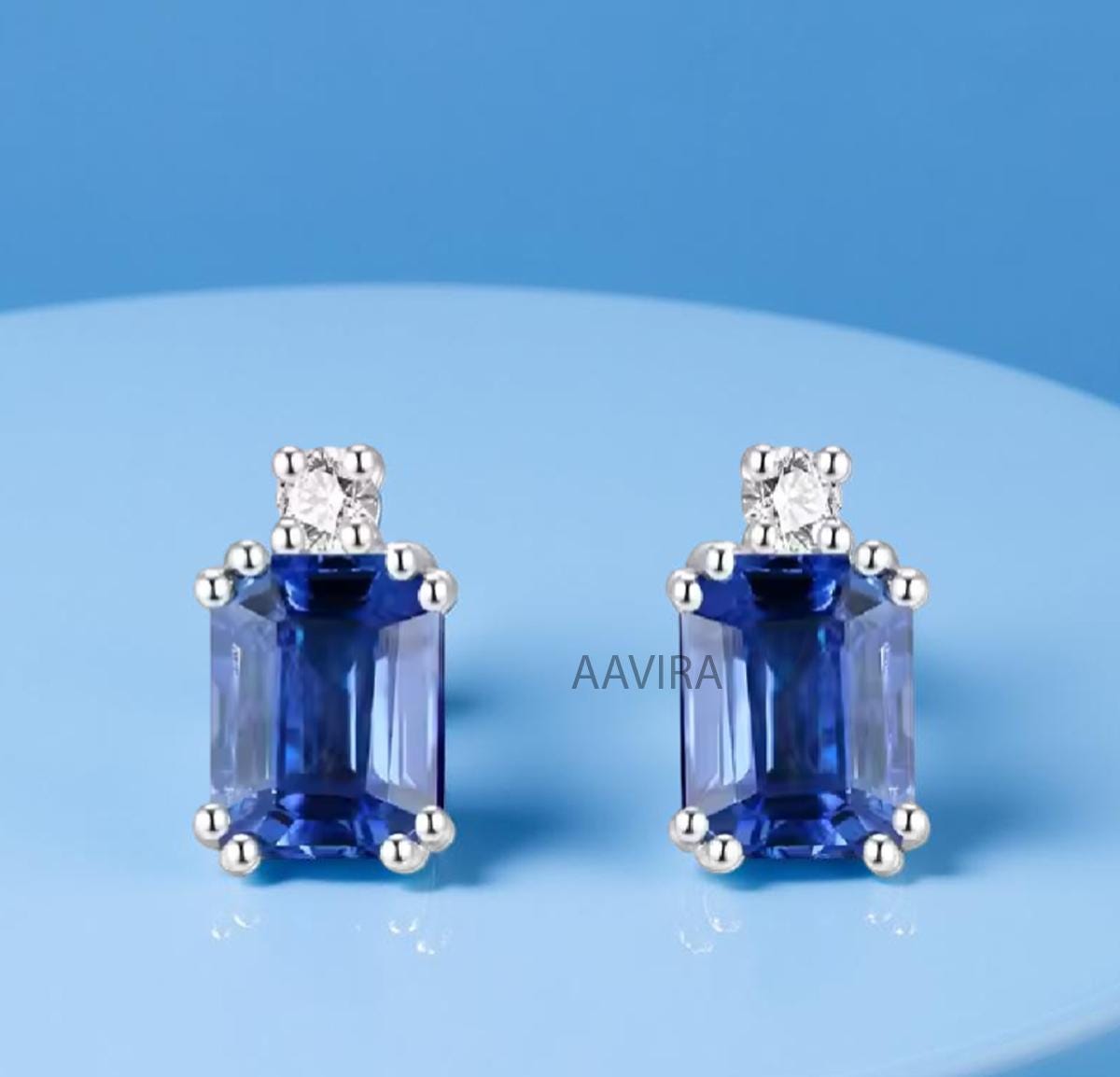 Sapphire Earrings, Emerald Cut Stud Earrings, Sapphire & Diamond Stud Earrings, Gemstone Earrings, Mother's Day Gifts, Push Back Dainty Stud