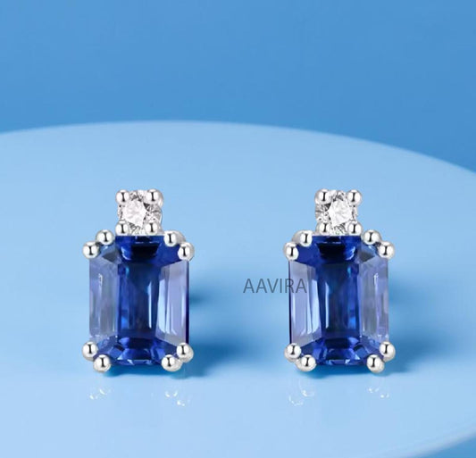 Sapphire Earrings, Emerald Cut Stud Earrings, Sapphire & Diamond Stud Earrings, Gemstone Earrings, Mother's Day Gifts, Push Back Dainty Stud