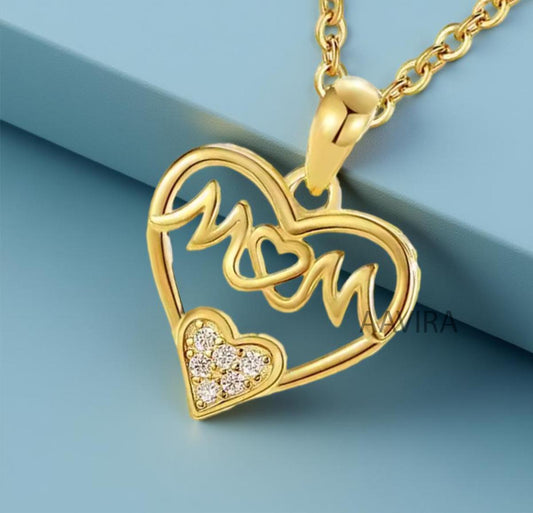 Women's Moissanite MOM Heart Pendant, 14k Yellow Gold Heart Mom Necklace, Heart Necklace, Mother's Day Pendant, Mom Heart Love Necklace Gift