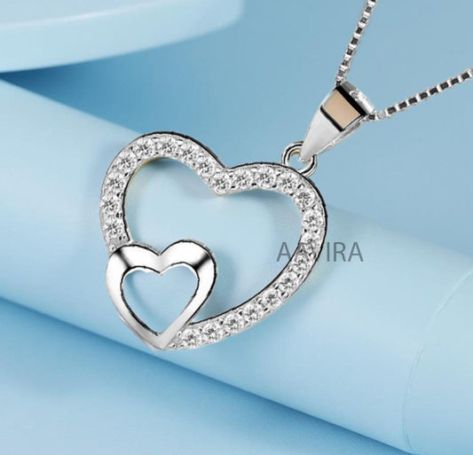 Double Heart Necklace, Heart Pendant, Diamond Heart, 925 Sterling Silver Heart Necklace, Pave Heart Pendant, Gift for Mom, Love Necklace
