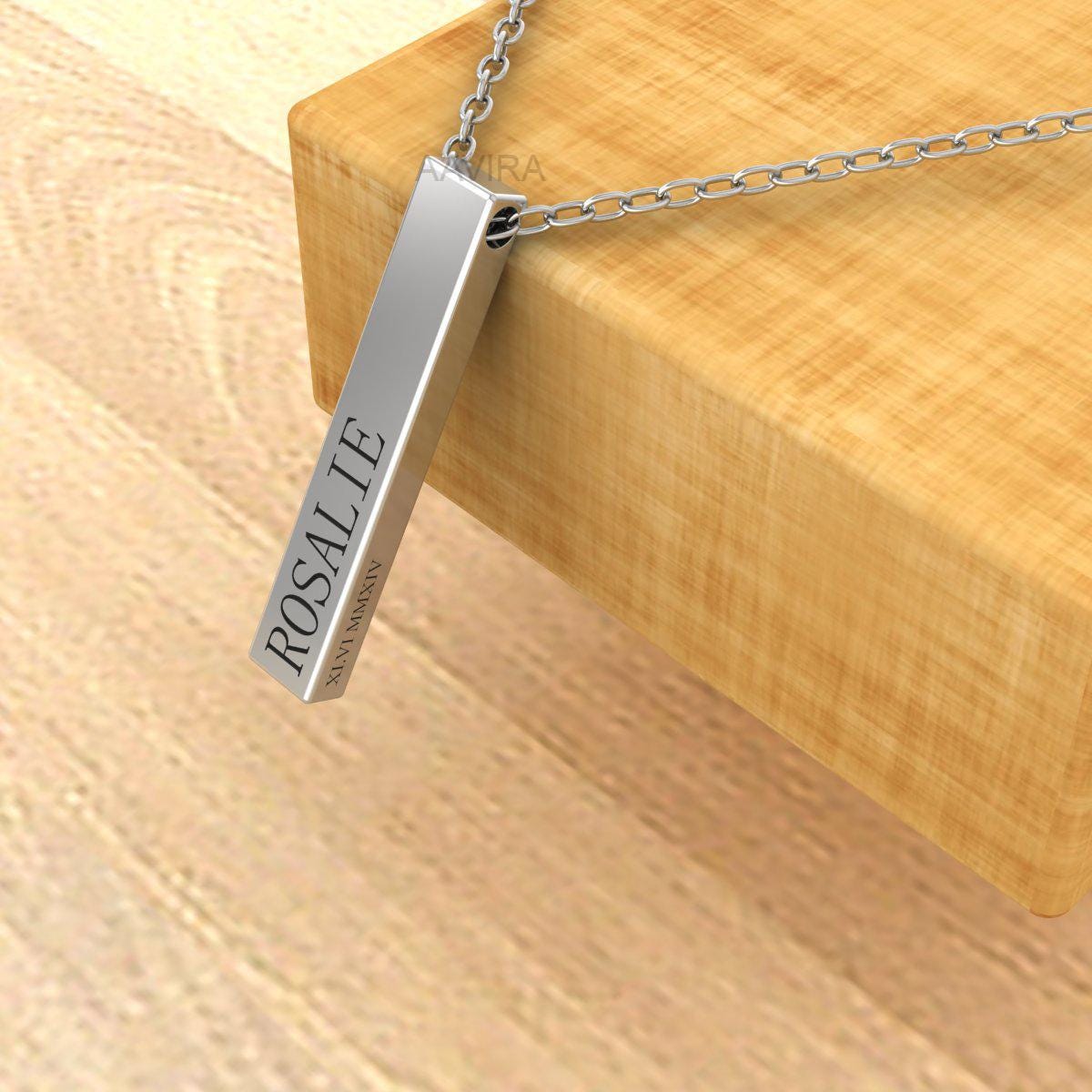 Name & Date Custom Pendant Necklace, Vertical Bar Necklace for Woman, Personalized Necklace, Engraved Necklace for Women, Minimalist Jewelry