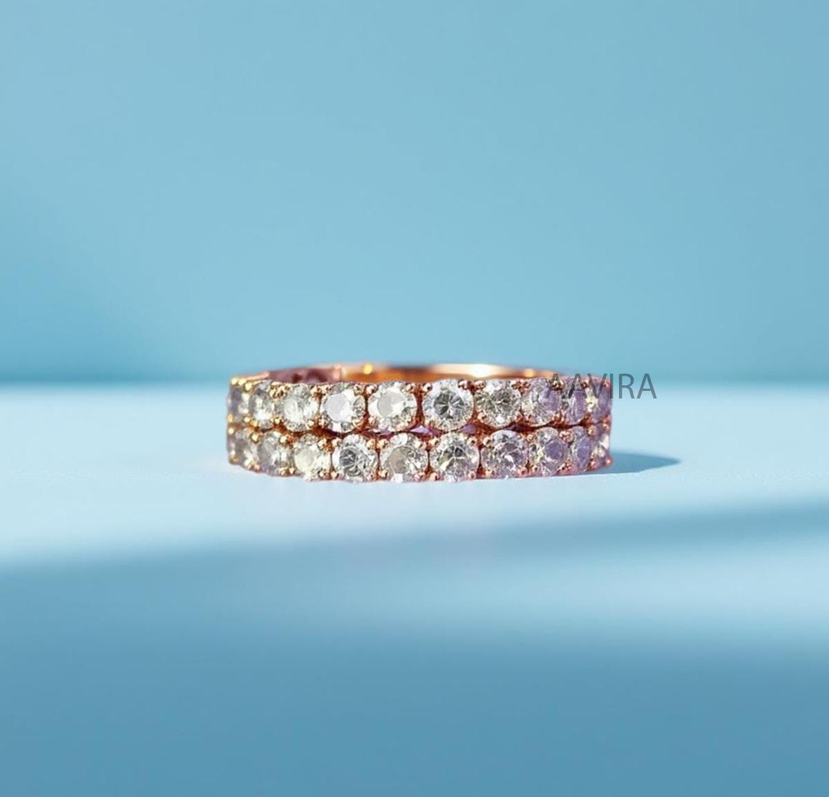 Rose Gold Two Row Eternity Band | Diamond Simulant & Pink/White CZ Ring | Stackable Wedding Band | Anniversary Ring | Dainty Sparkle Ring