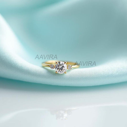 Three Stone Diamond Engagement Ring, Minimalist Diamond Wedding Ring, 14k Yellow Gold Plated, Her Promise Ring, Dainty Stackable Ring, Gifts