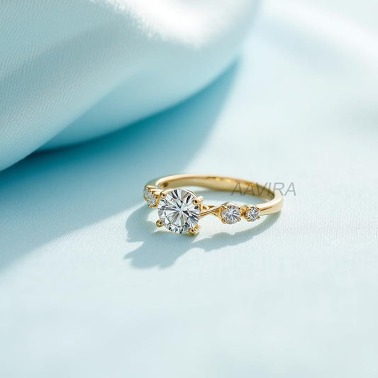Five Stone Diamond Engagement Ring, Dainty Stackable Ring, Round Cut Solitaire Ring, 14k Yellow Gold Plated, Anniversary Gift for Women