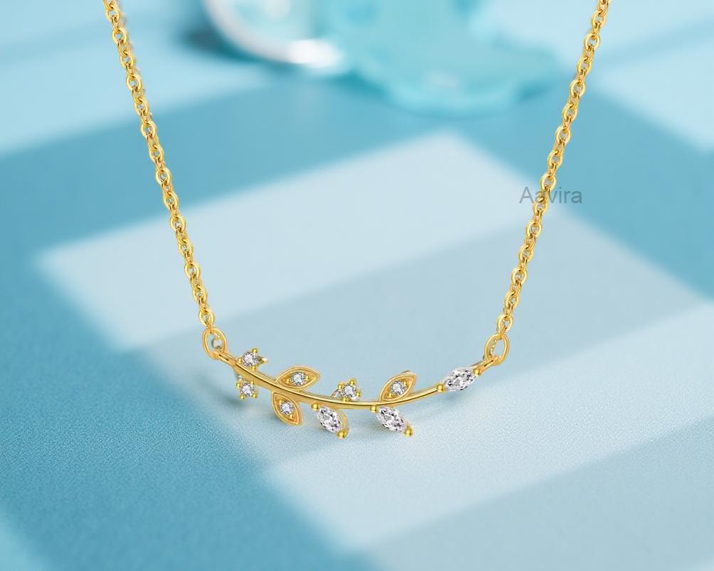 Olive Leaf Vine Pendant Necklace, Diamond Leaf Diamond Branch With Cable Chain, Diamond Pendant Necklace, Anniversary Gift, Gift for Her