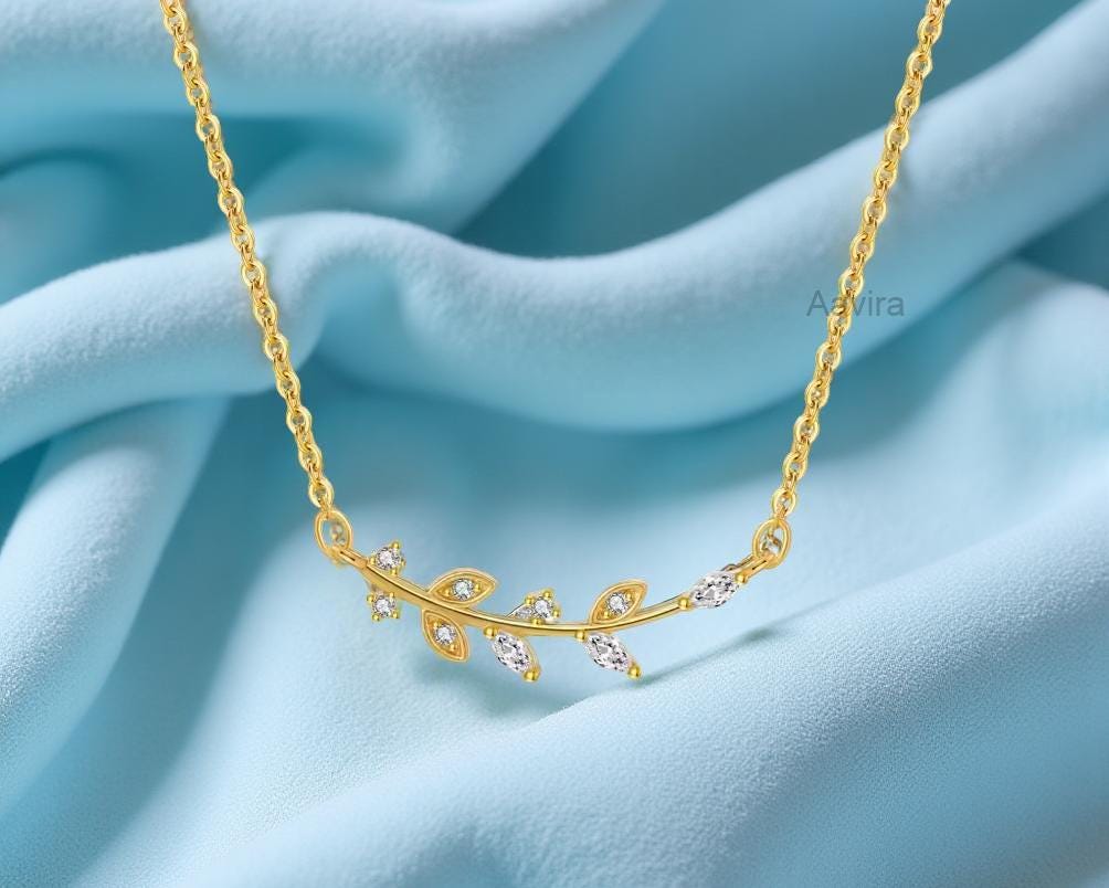 Olive Leaf Vine Pendant Necklace, Diamond Leaf Diamond Branch With Cable Chain, Diamond Pendant Necklace, Anniversary Gift, Gift for Her