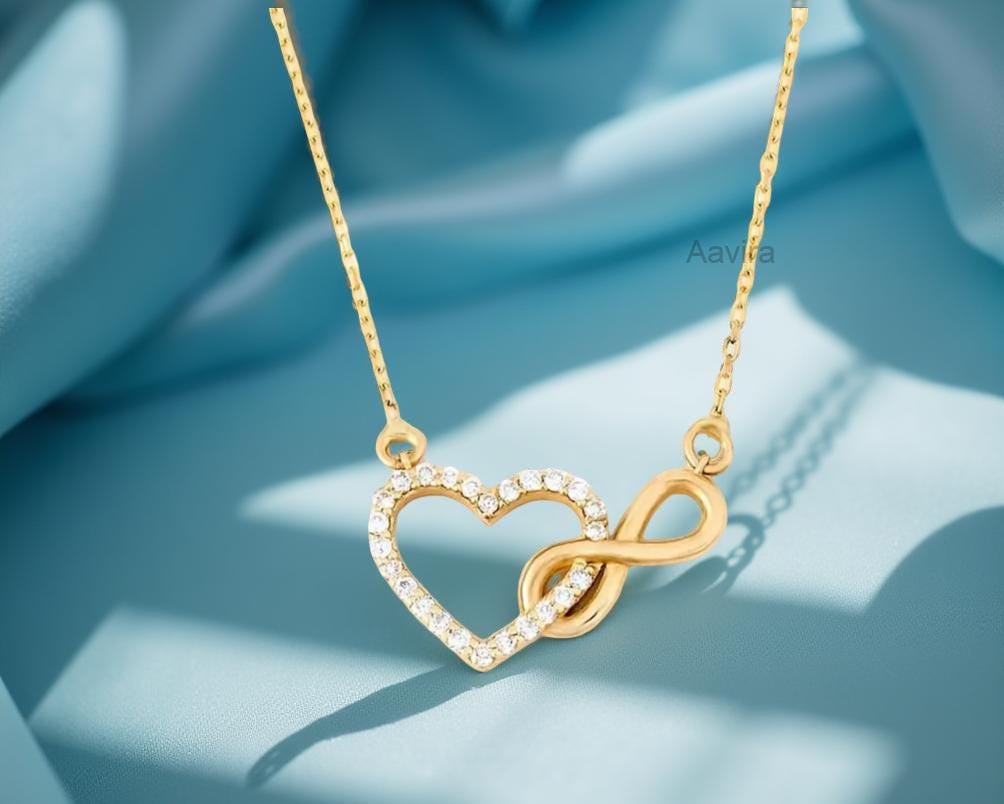 Diamond Infinity Heart Pendant, Diamond Heart Pendant with Infinity Design, Personalized Gifts, 14K Yellow Gold Heart Pendant, Gift For Her