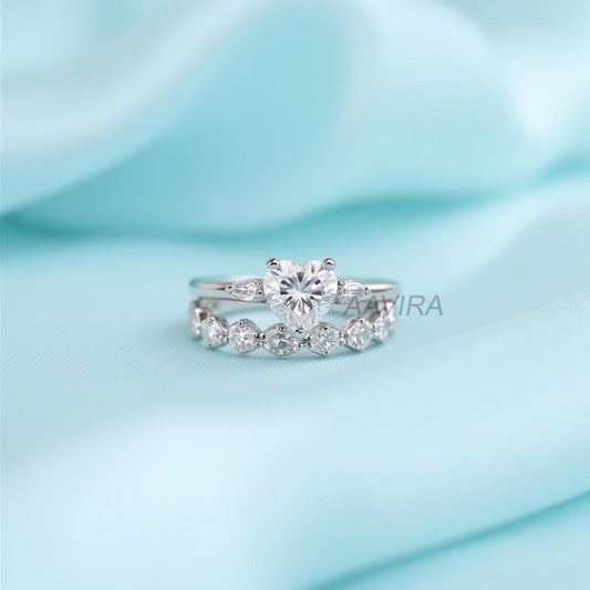 Heart Shaped Diamond Unique Engagement Ring, Diamond Bridal Set Ring, Heart Diamond Wedding Ring Set, Wedding Gift Women Anniversary Ring