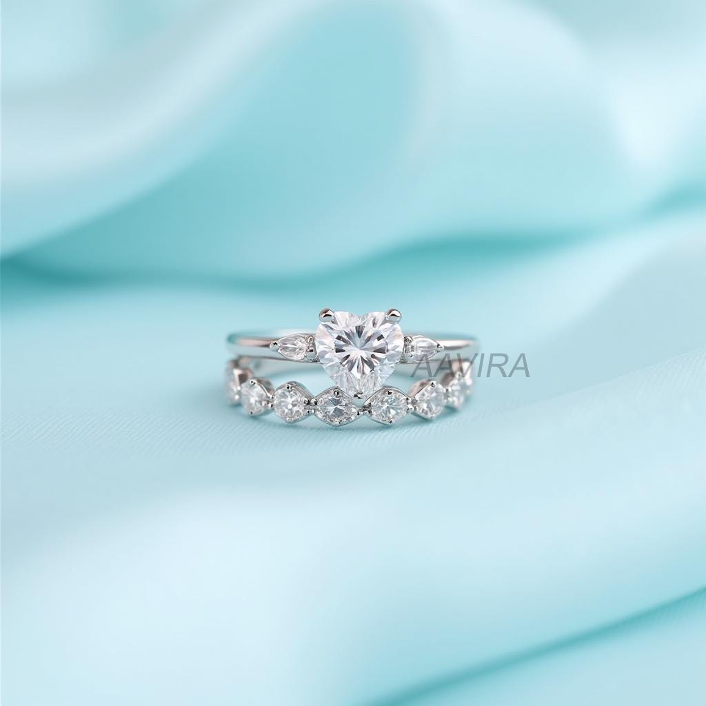 Heart Shaped Diamond Unique Engagement Ring, Diamond Bridal Set Ring, Heart Diamond Wedding Ring Set, Wedding Gift Women Anniversary Ring