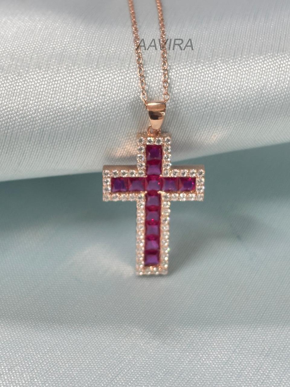 Red Ruby Cross Pendant, Ruby Cross Necklace Gift, Anniversary Gift, Religious Pendant, 14k Rose Gold Cross Gift, Ruby Pendant For Women
