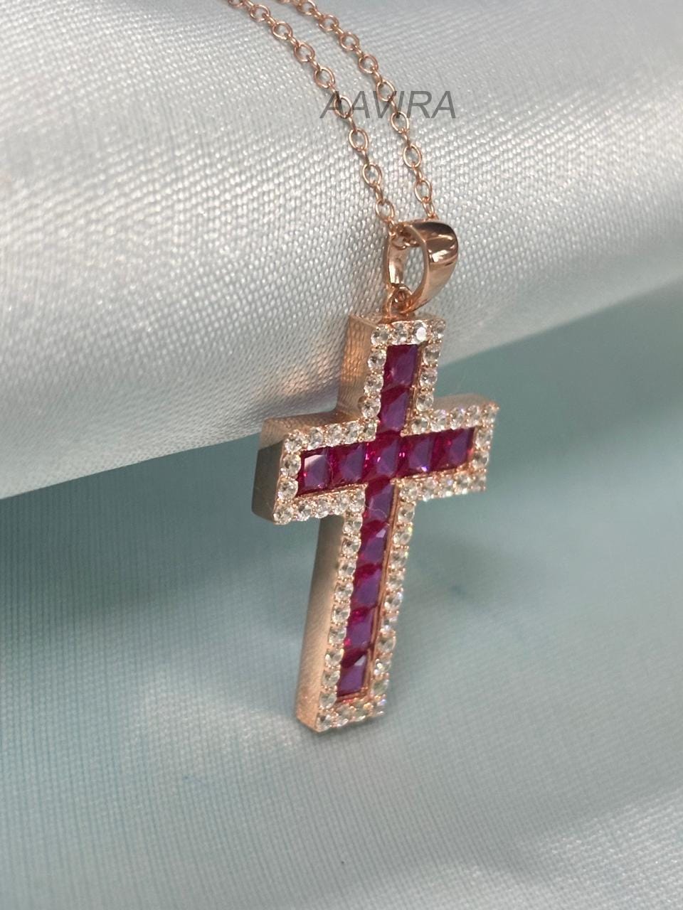 Red Ruby Cross Pendant, Ruby Cross Necklace Gift, Anniversary Gift, Religious Pendant, 14k Rose Gold Cross Gift, Ruby Pendant For Women