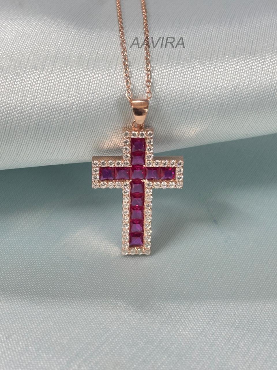 Red Ruby Cross Pendant, Ruby Cross Necklace Gift, Anniversary Gift, Religious Pendant, 14k Rose Gold Cross Gift, Ruby Pendant For Women