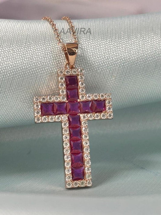 Red Ruby Cross Pendant, Ruby Cross Necklace Gift, Anniversary Gift, Religious Pendant, 14k Rose Gold Cross Gift, Ruby Pendant For Women