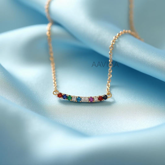 Dainty Rainbow Necklace, Round Diamond Rainbow Pendant, Multi Color Sapphire Necklace, Curved Bar Necklace, Unique Custom Bar Pendant