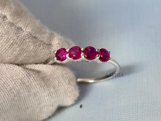 Round Shape Ruby Engagement Ring, July Birthstone Ring, 925 Sterling Silver, Four Stone Ruby Ring, Gifts For Girlfriend, Anniversary Gift