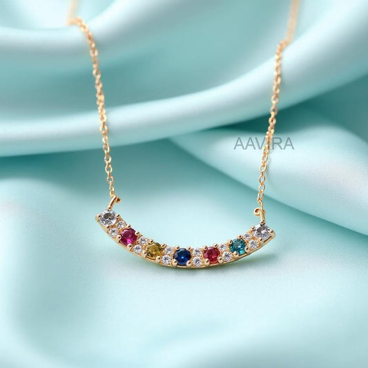 Rainbow Sapphire Curved Bar Necklace, Custom Gemstone Bar Necklace, Multi Color Stone Pendant, Curved Bar Necklace, Birthday Gift for Women