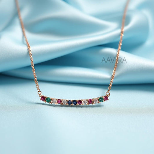 Multi Color Gemstone Necklace, Rainbow Necklace For Women, Dainty Rainbow Statement Necklace, Curved Bar Necklace, Anniversary Gift For Her