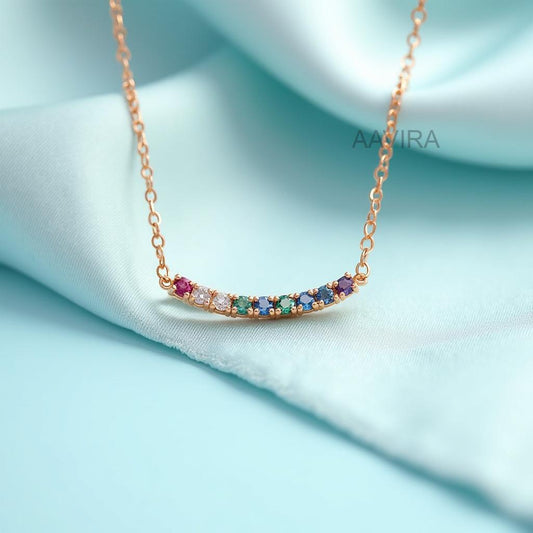 Curved Birthstone Necklace, Custom Family Jewelry, Curved Bar Birthstone Necklace, Minimalist Diamond Necklace, Personalized Gift for Her
