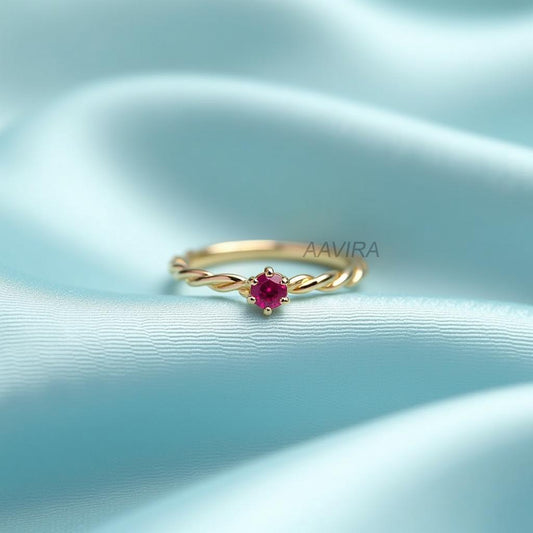 6 Prong Dainty Ruby Solitaire Ring, Twisted Band Ruby Ring, July Birthstone Jewelry, Pink Ruby Stackable Ring, Birthstone Gift for Wife