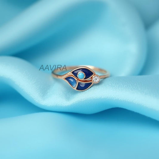 Evil Eye Leaf Ring | Dainty Protection Ring with Diamond Accent | Unique Spiritual Jewelry | Good Luck Charm Gift for Her