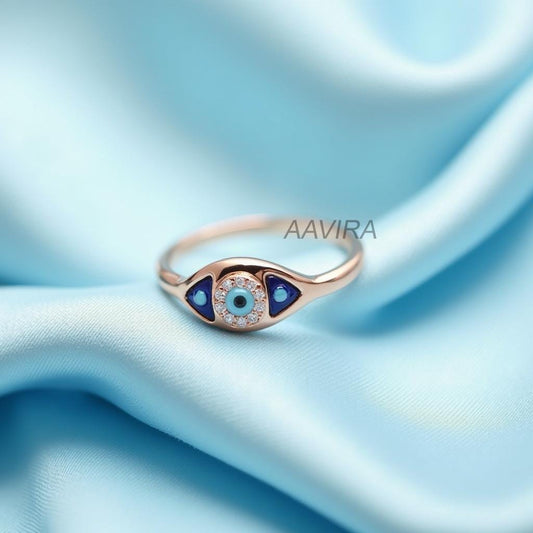Evil Eye Ring with Blue Accents & Diamond | Dainty Protection Ring | Modern Good Luck Charm | Everyday Spiritual Gift for Her