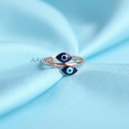 Evil Eye Open Bypass Ring with Diamond | Dainty Protection Ring | Adjustable Good Luck Charm | Spiritual Jewelry Gift for Her