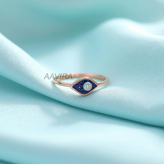 Marquise Evil Eye Ring with Diamond | Dainty Protection Good Luck Jewelry | Unique Spiritual Gift for Her