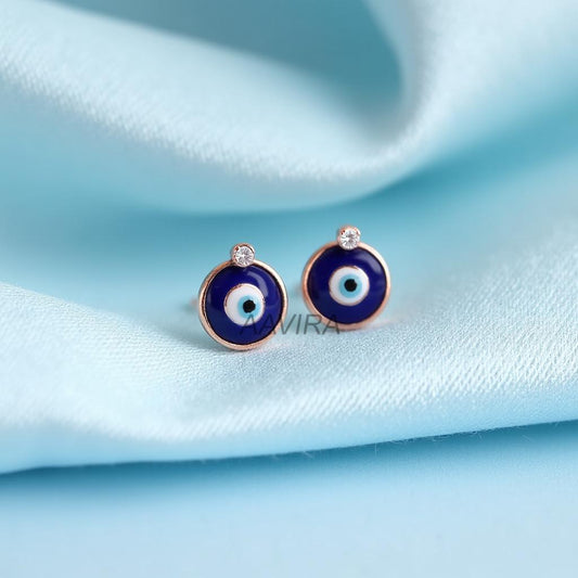 Evil Eye Stud Earrings with Diamond | Dainty Protection Good Luck Studs | Spiritual Jewelry Gift for Her | Women's Earrings