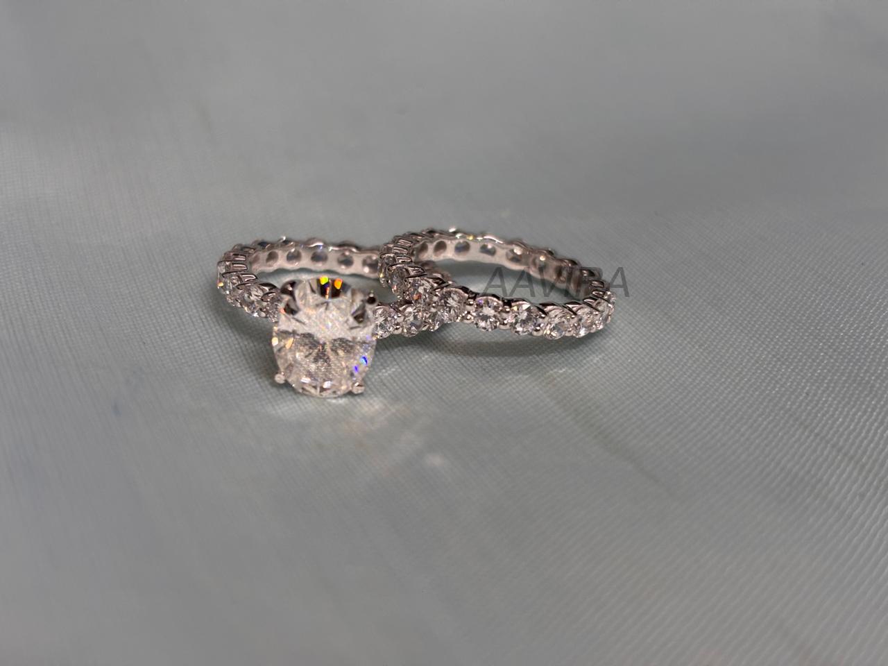Engagement Ring Set | Sterling Silver Bridal Set | Oval Cut Eternity Wedding Band | Dainty Solitaire Ring | Anniversary Ring Gift | Gift