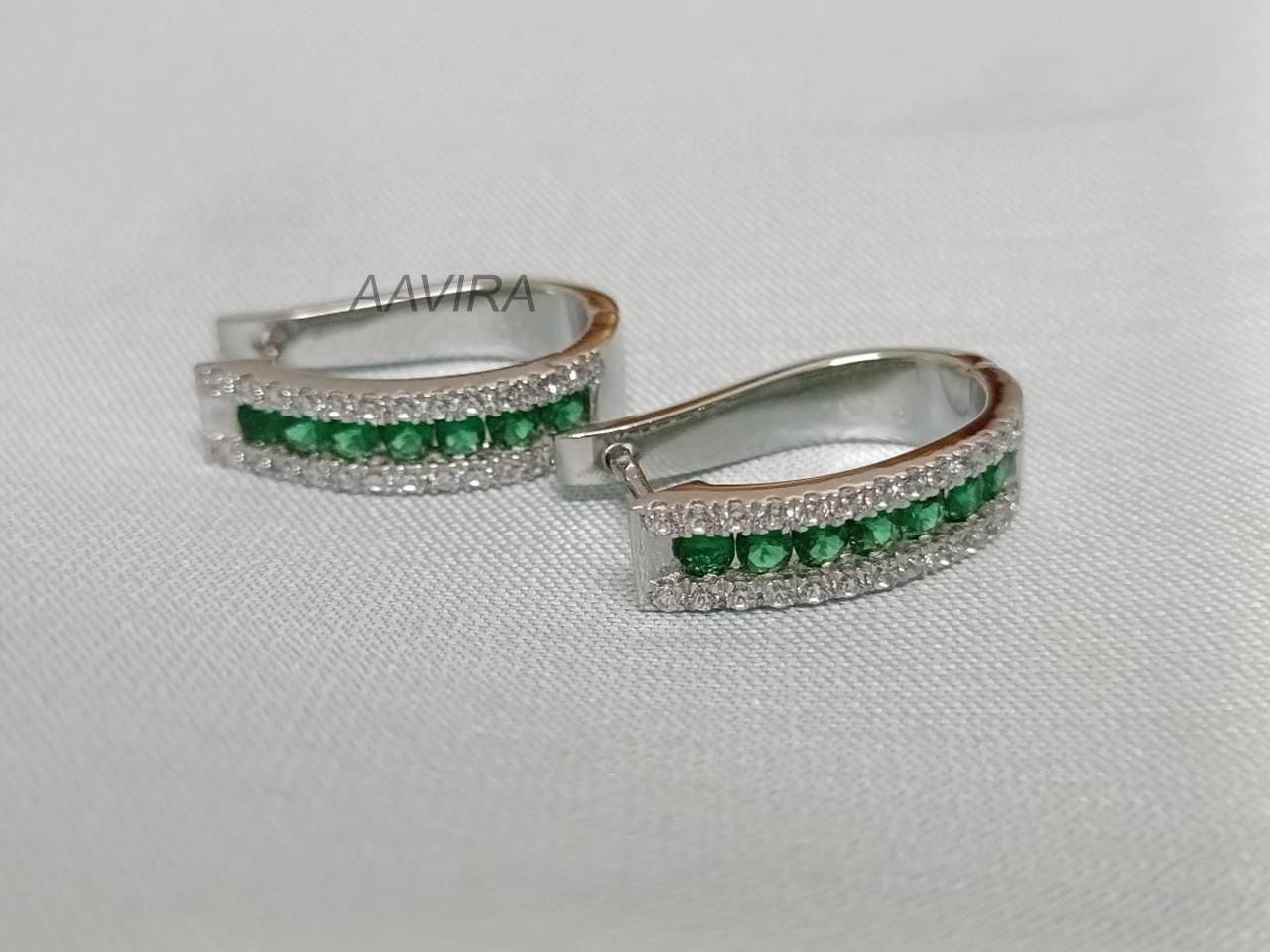 Emerald Green & Diamond Hoop Earrings | Sterling Silver Channel Set Huggies | Dainty Gemstone Hoops | Art Deco Style Earrings | Gift For Her