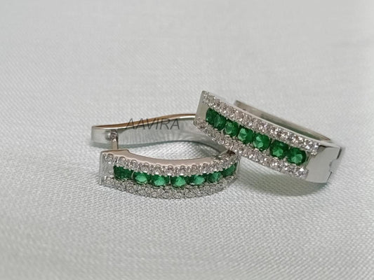 Emerald Green & Diamond Hoop Earrings | Sterling Silver Channel Set Huggies | Dainty Gemstone Hoops | Art Deco Style Earrings | Gift For Her