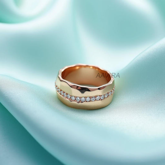 Wide Wavy Gold Band Ring | Pave Diamond Statement Ring | Textured Wedding Band | Unique Anniversary Gift | Modern Gold Jewelry