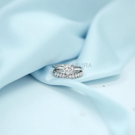 Heart Cut Solitaire Diamond Engagement Ring Set, Wedding Ring Set, Bridal Set, Women's Wedding Set Ring, Round Cut Diamond Ring Band Set