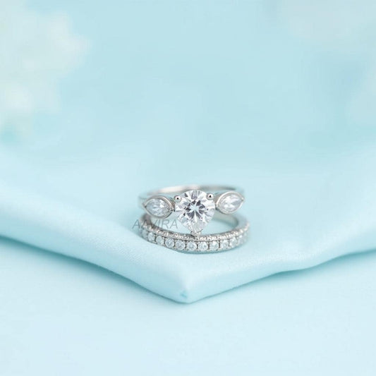 Diamond Wedding Ring Set, Solitaire Diamond Ring, Stackable Ring Set, Bridal Set, Round Cut Wedding Ring, Anniversary Ring Set, Gift For Her