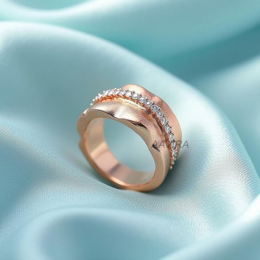 Modern Wavy Rose Gold Band | Wide Diamond Simulant Ring | Unique Statement Ring | Textured Wedding Band | Anniversary Ring | Gift for Her